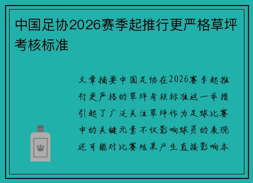 中国足协2026赛季起推行更严格草坪考核标准